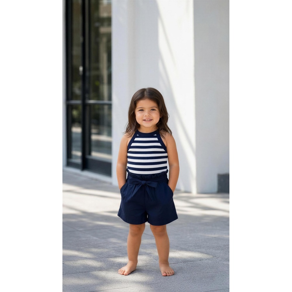 Max Studio Girls Navy White Striped Halter Top Shorts & Backpack 3pc Set XS 4